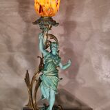 Old lamp in green and bronze patinated regula with pretty multi-colored opaline tulip