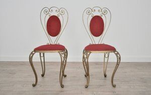 Patinated Brass, Wrought Iron, and Velvet Side Chairs, 1970s, Set of 2