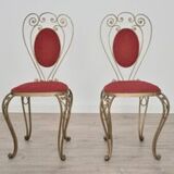 Patinated Brass, Wrought Iron, and Velvet Side Chairs, 1970s, Set of 2