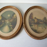 Old pair of lithographs house at the edge of the water signed wooden medallion frame