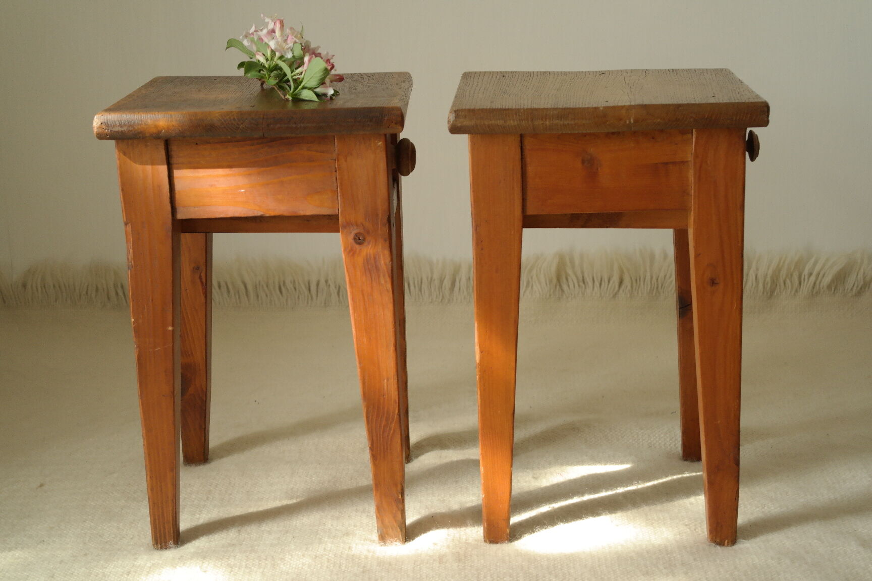 Pair of vintage country bedside tables oak and fir
