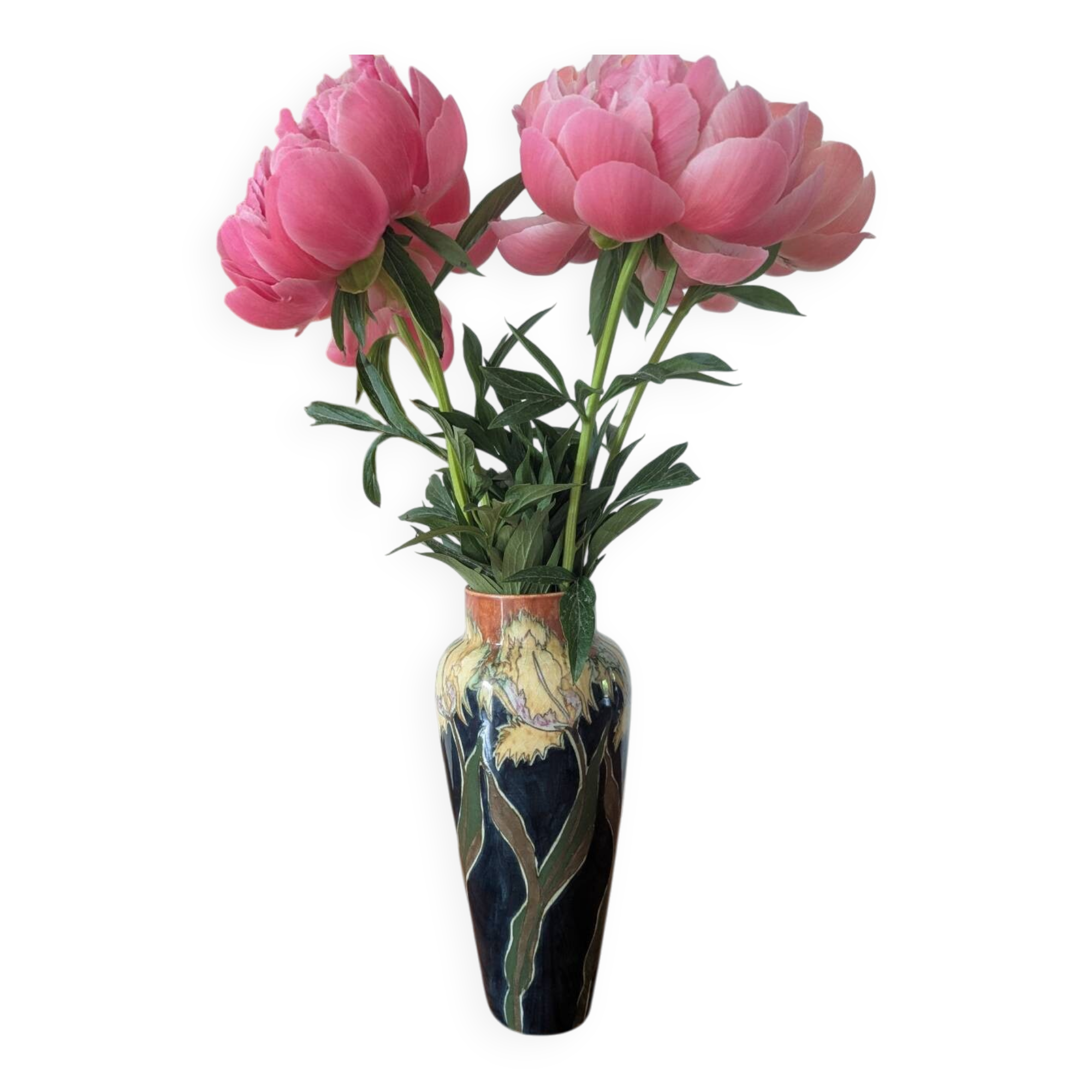 Art Nouveau vase in glazed ceramic, floral decoration, Gouda type, circa