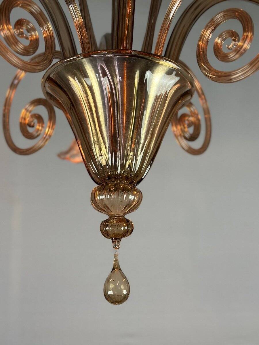Venetian chandelier in gilded Murano glass, 4 light arms, circa 1940