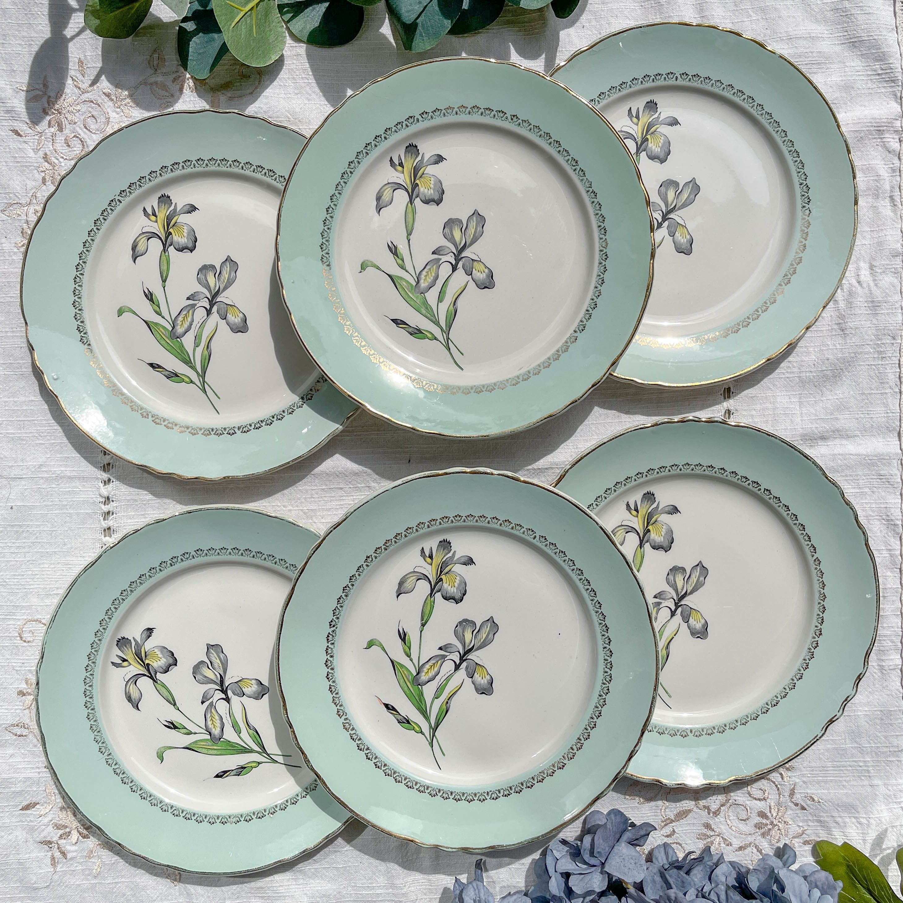 6 vintage white and green porcelain dinner plates Iris Moulin des Loups "Sargosse" 1950s
