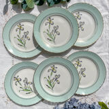 6 vintage white and green porcelain dinner plates Iris Moulin des Loups "Sargosse" 1950s