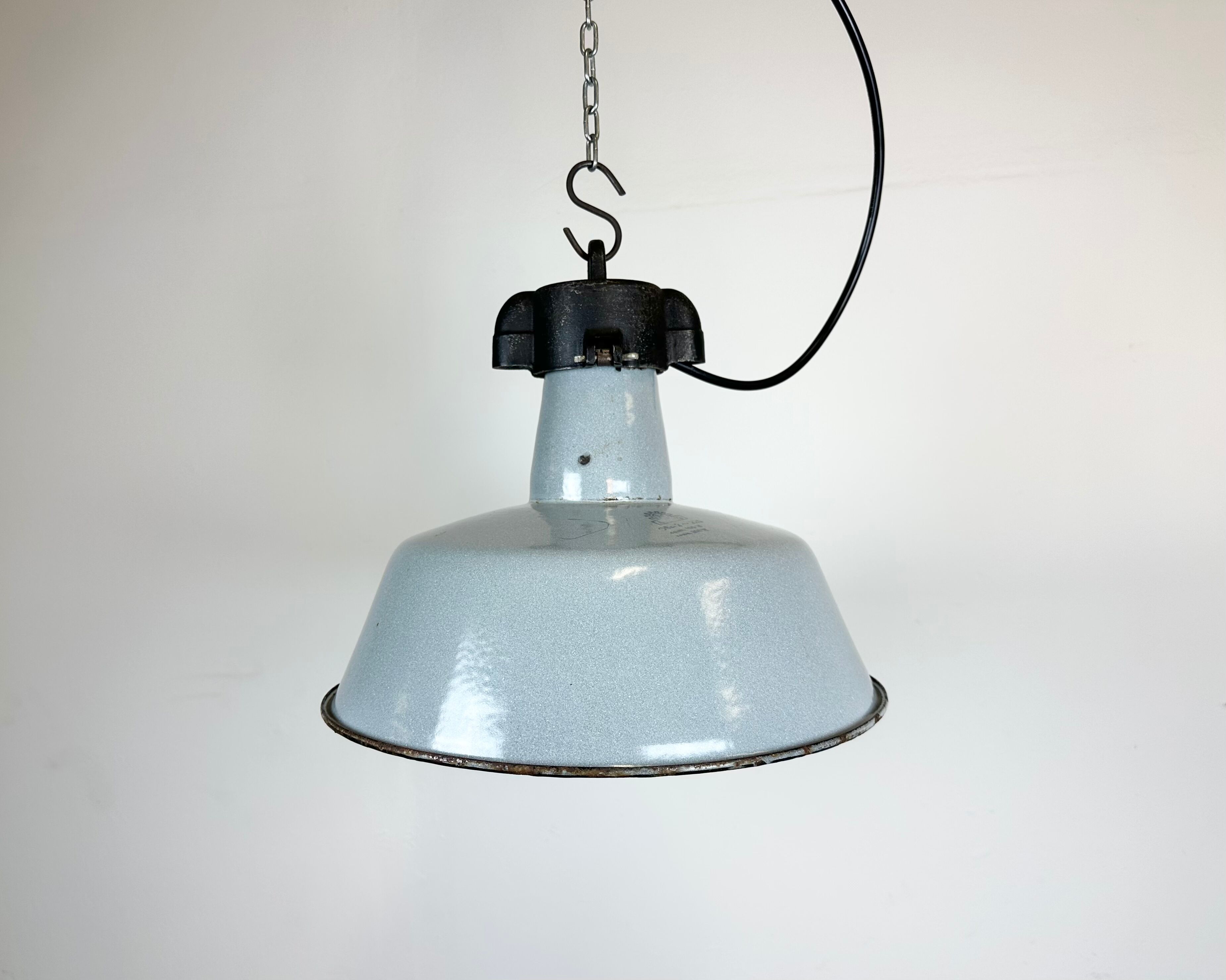 Industrial Grey Enamel Factory Lamp with Cast Iron Top, 1960s