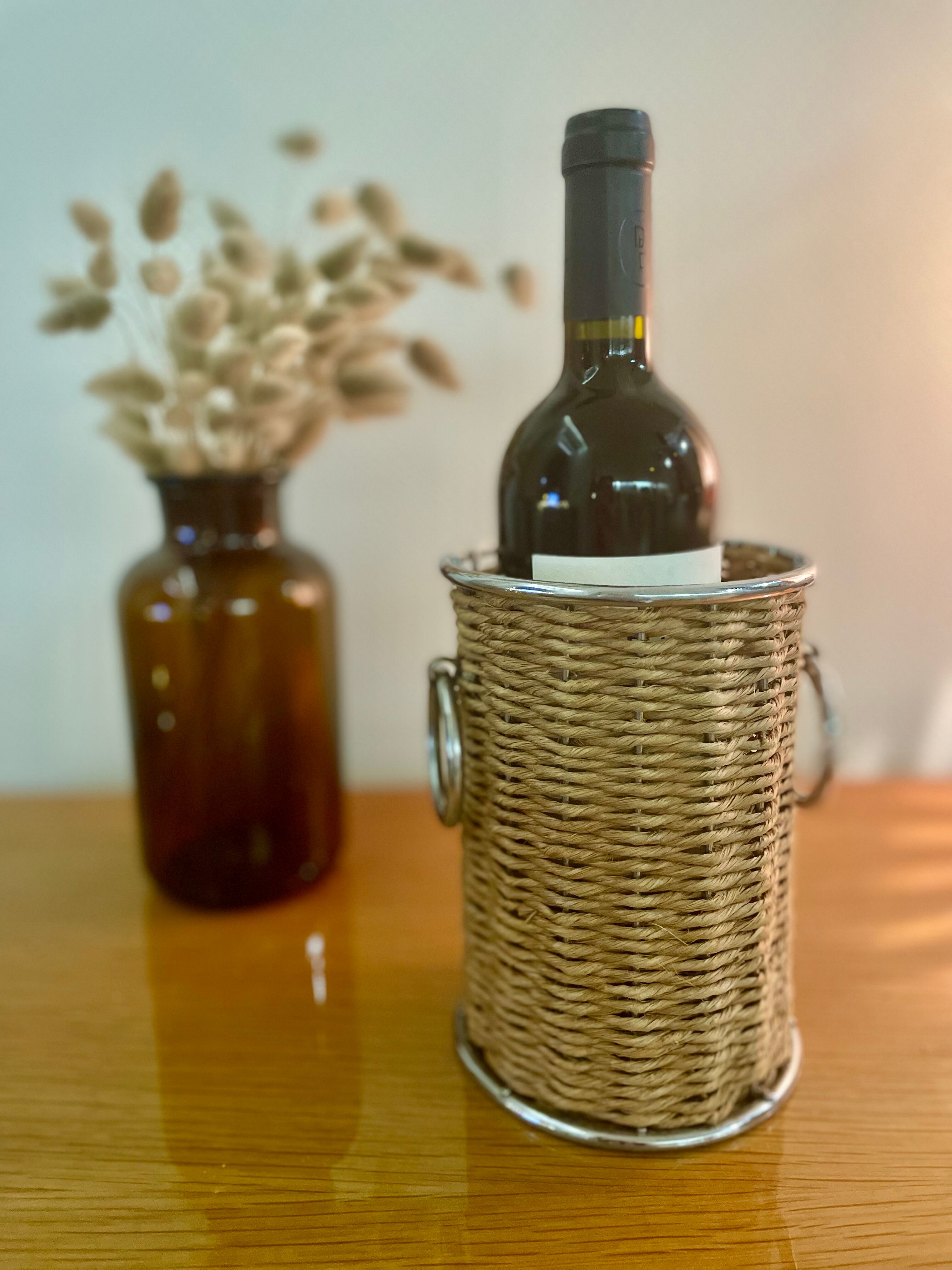 Range bottle in rattan and vintage metal