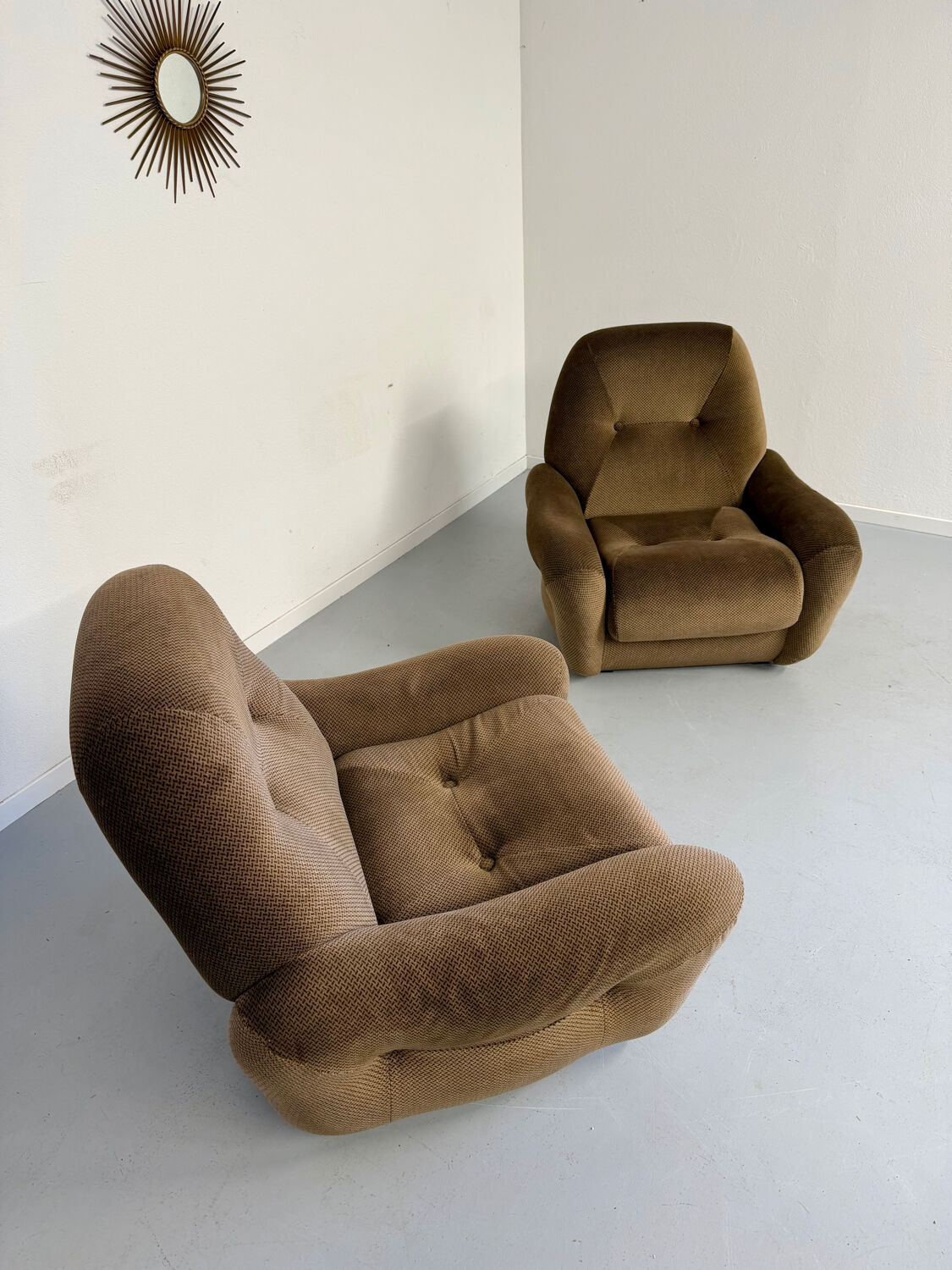 Lot of 2 cosy fabric armchairs, French design, vintage 1970s.