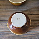 Vintage earthenware bowl with handles, brown colour.