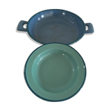 Two matching enameled dishes in green and blue