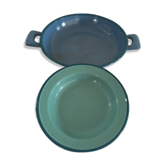 Two matching enameled dishes in green and blue