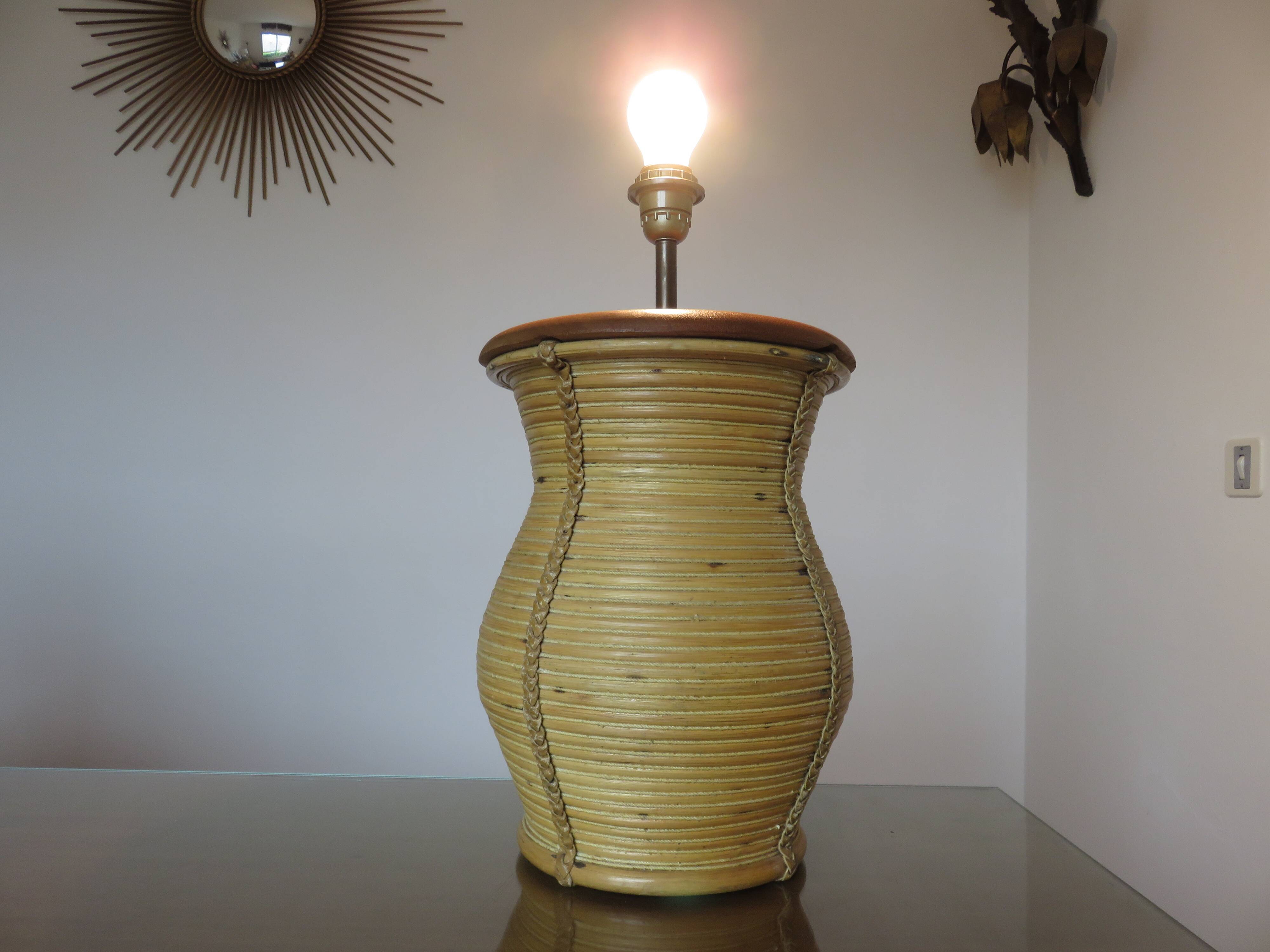 Rattan, leather, rope, and wood lamp in the style of Gabriella Crespi 60-70.