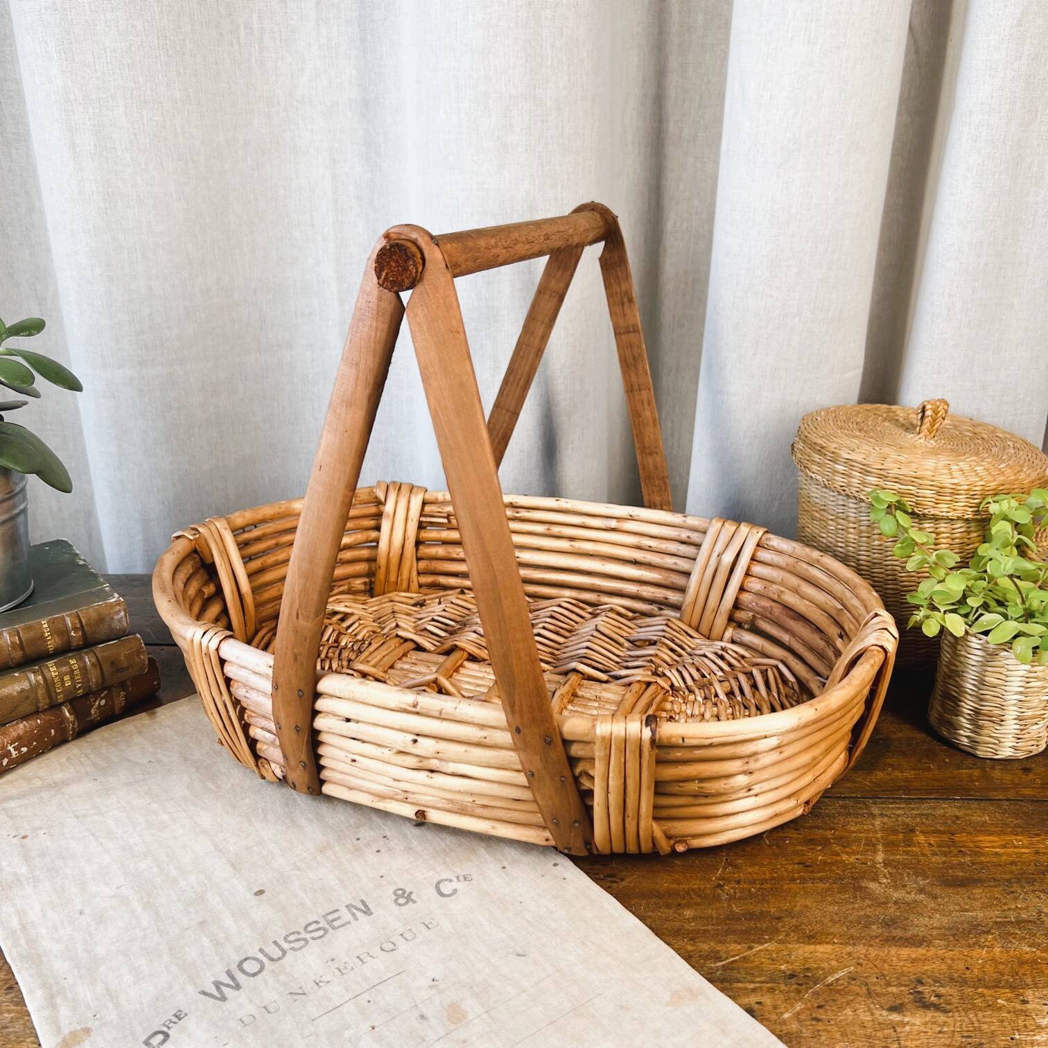 Wicker, bamboo and wood basket