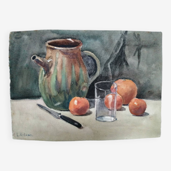 Still Life "Pottery" watercolor signed L.Roland