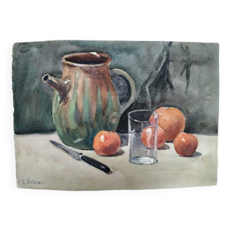 Still Life "Pottery" watercolor signed L.Roland