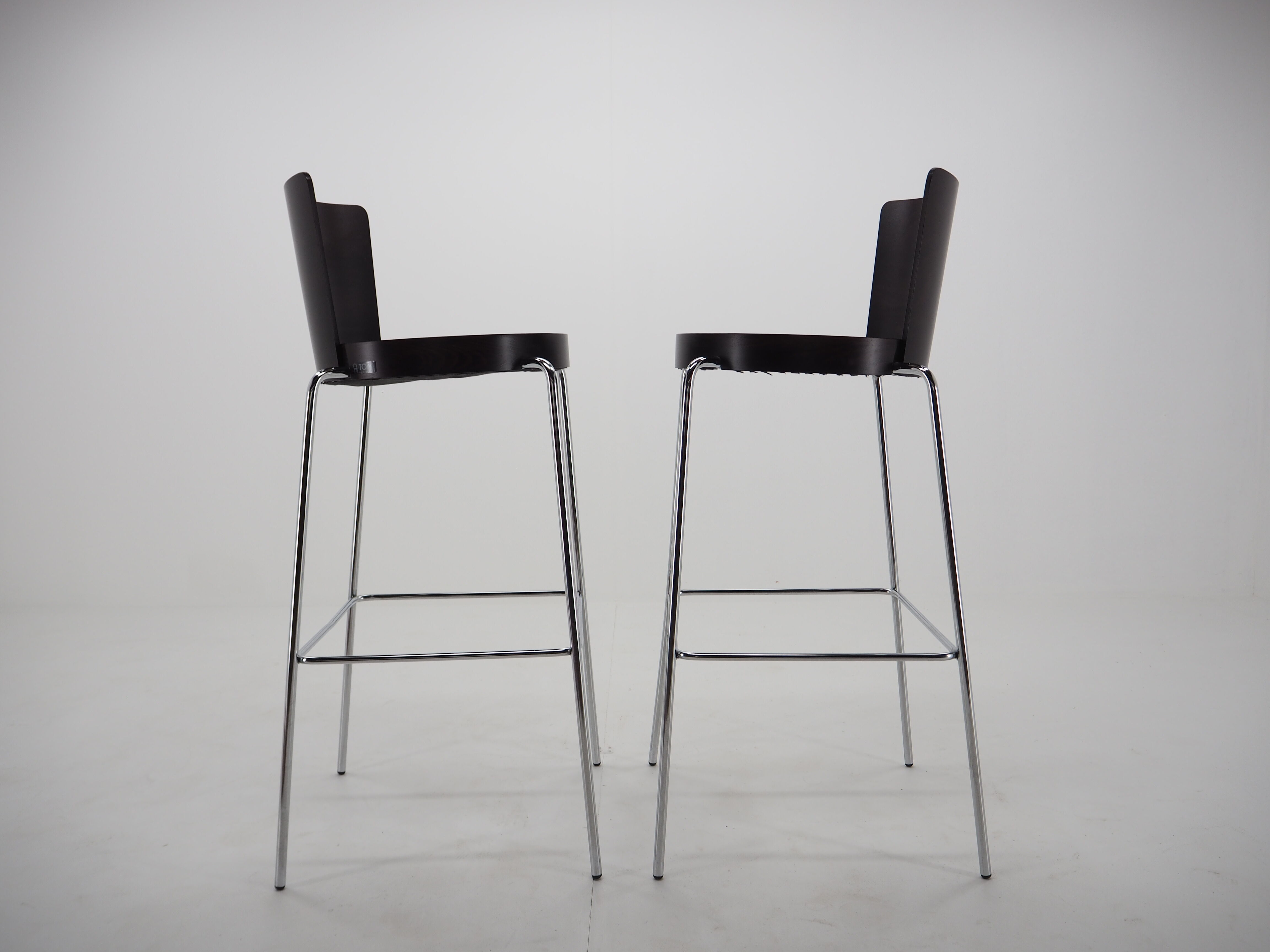 Midcentury chrome and wood bar stools by Ton, Czechoslovakia, 1980s