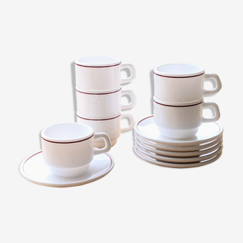 6 Félix Potin coffee cups with saucers - White with burgundy edges