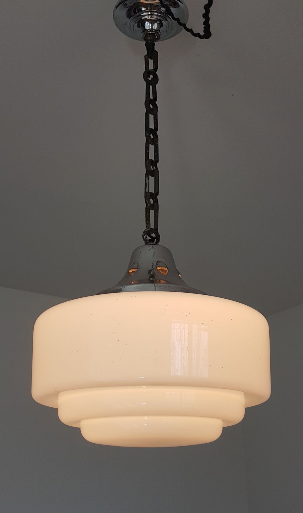 Art deco, metal and opaline hanging lamp
