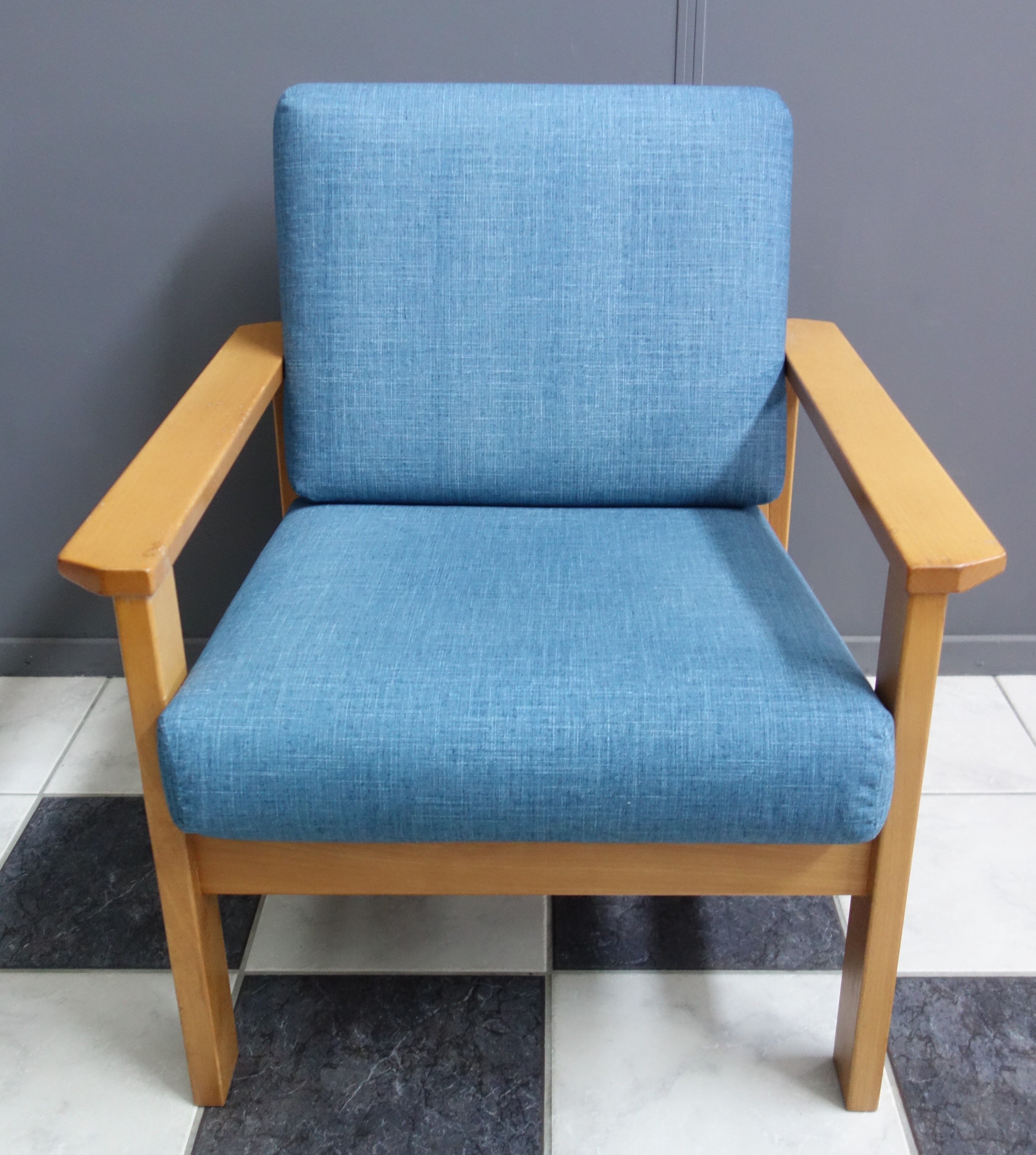 Blue fabric easy chair  in blonde wood frame 1960s