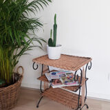 Magazine table, vintage pedestal table, side table, rattan