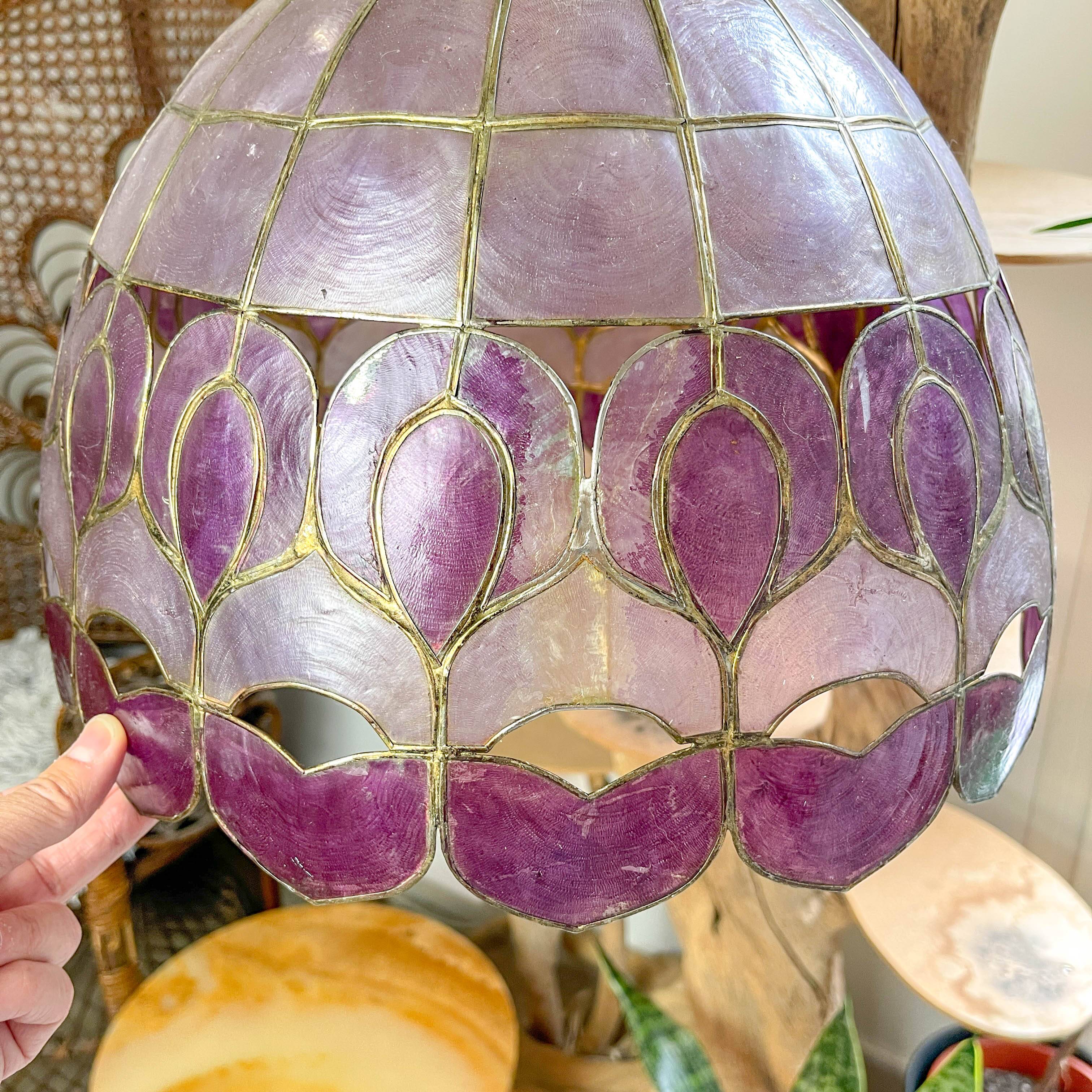 Vintage two-tone purple capiz mother-of-pearl and brass pendant light – art deco style chandelier