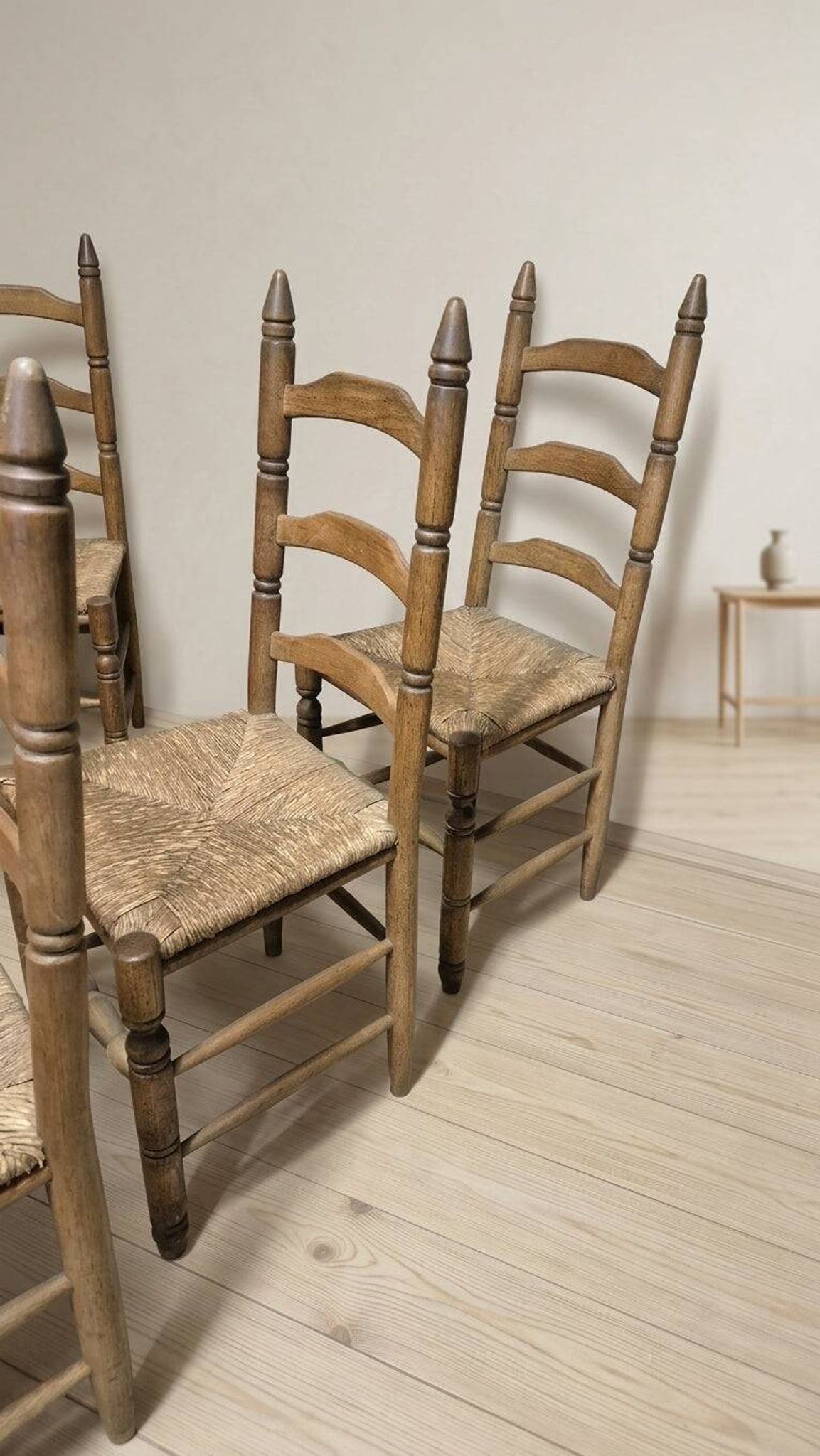 Set of 6 vintage wooden ladder-back dining chairs with woven seats