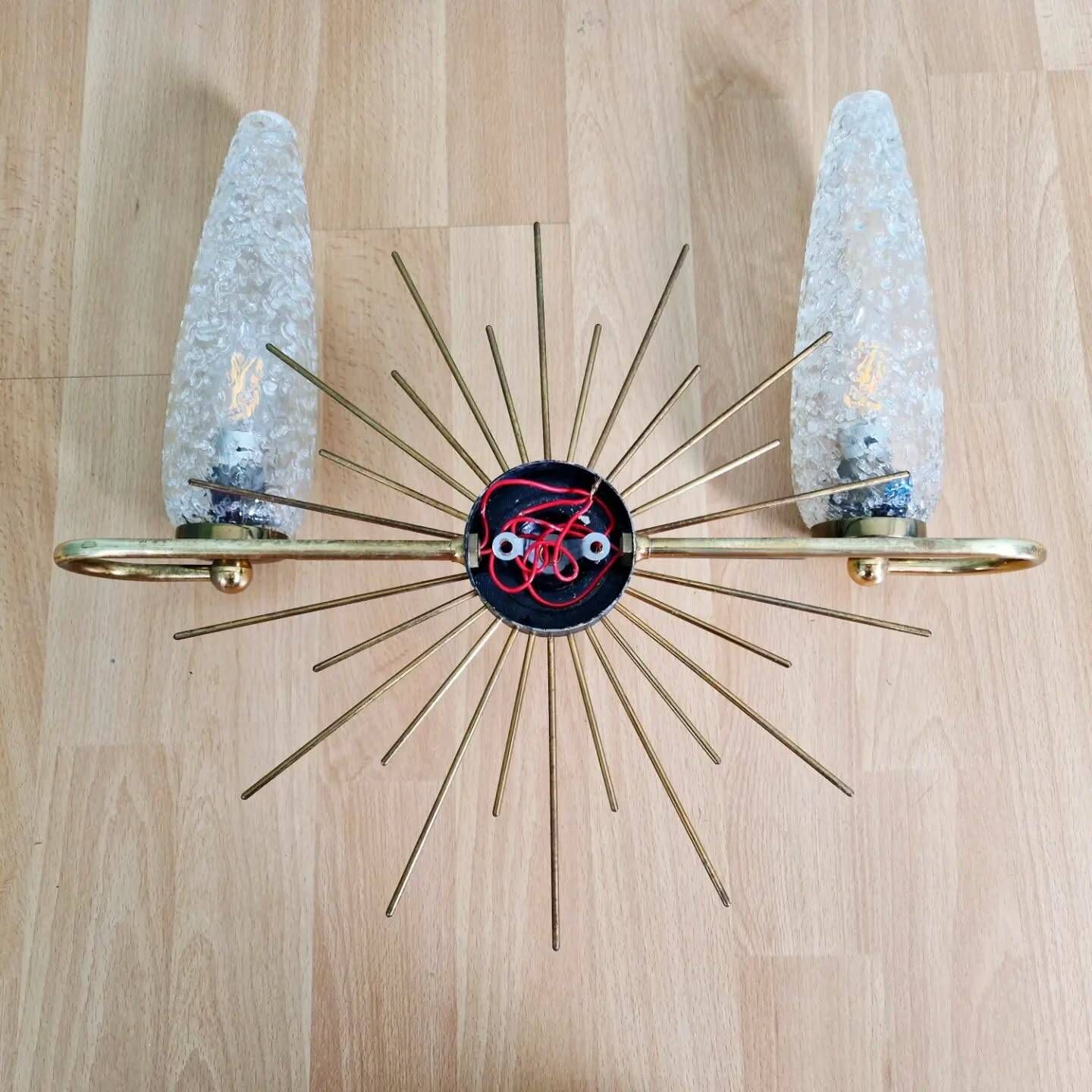 Wall lamp sun in brass and frosted glass (3 available), 1950
