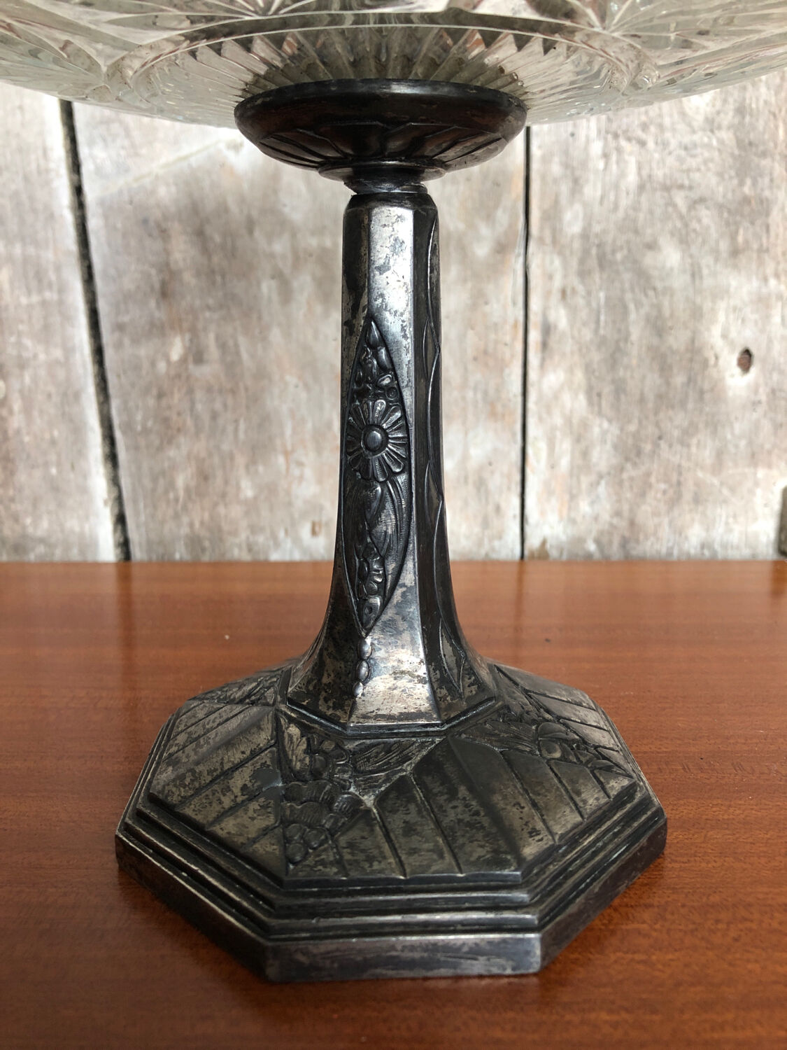Old centerpiece cut art deco glass + foot silver metal vintage #a285