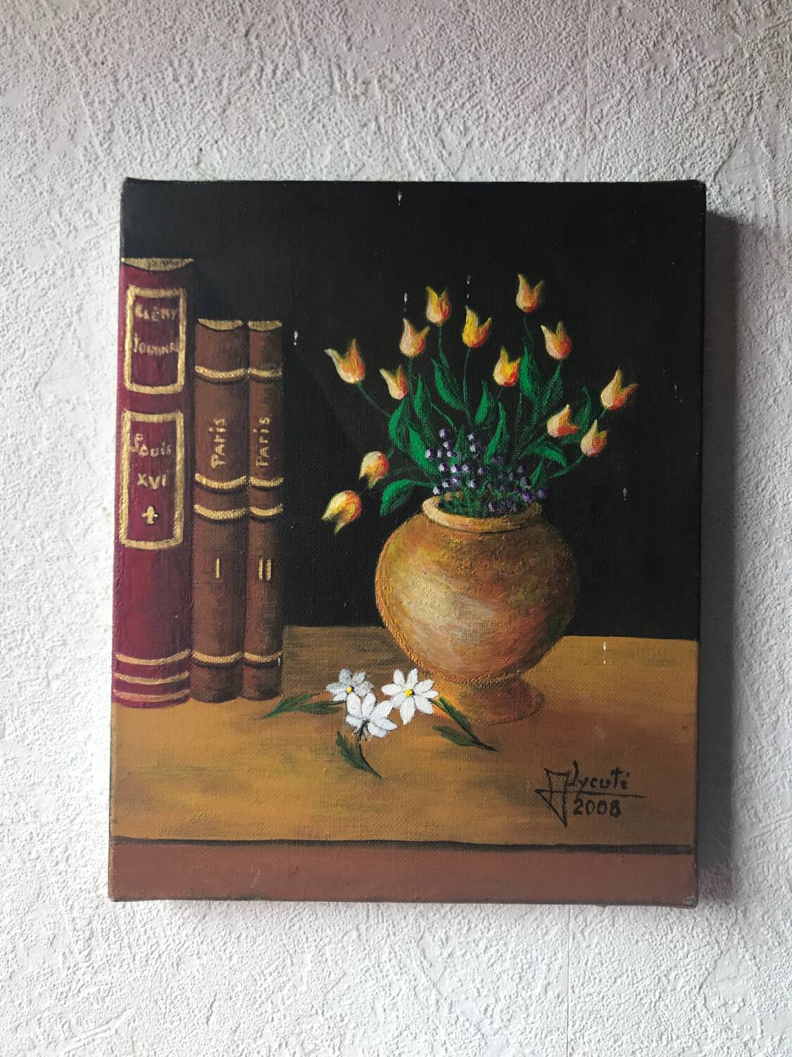 Small oil painting on canvas still life bouquet of flowers