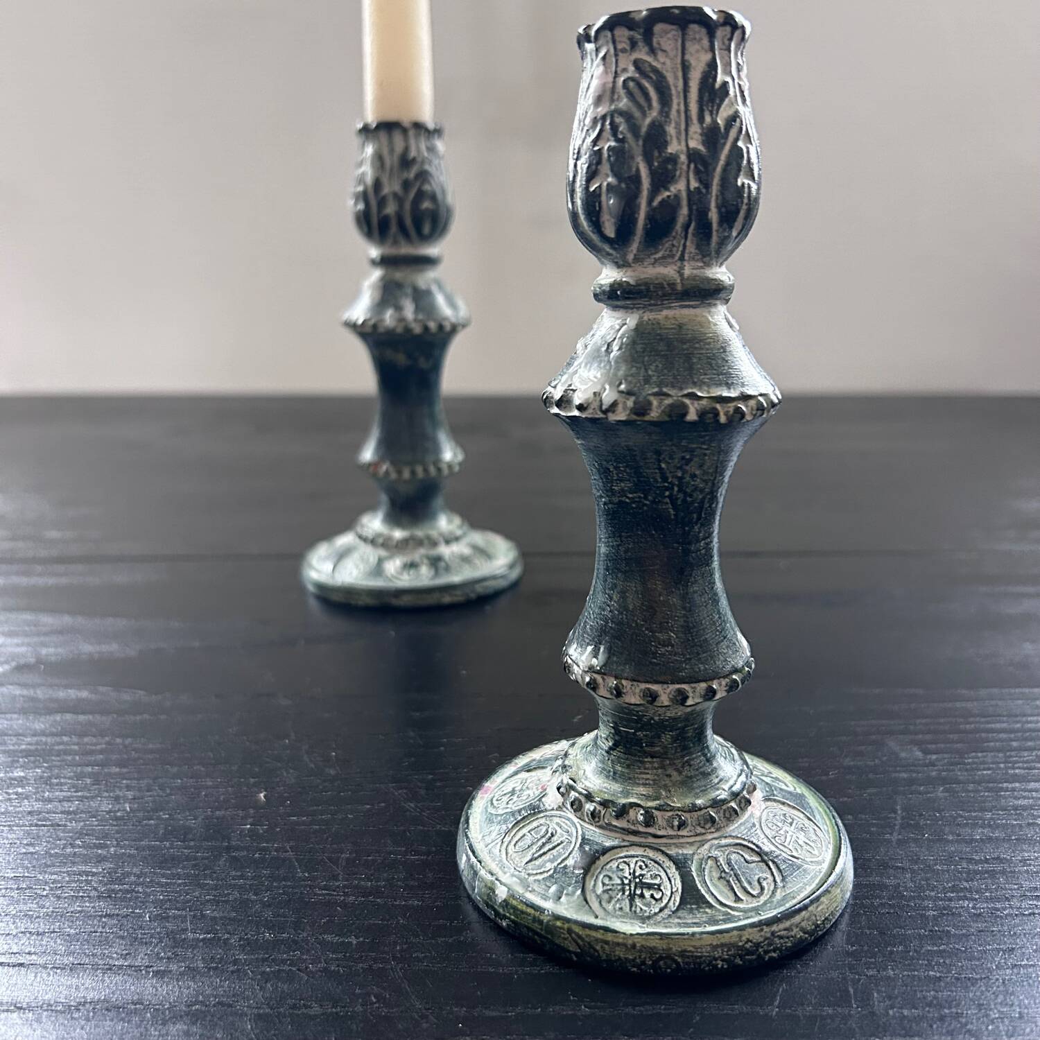 Pair of green ceramic candlesticks