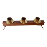 Modernist chandelier in teak and vintage brass.