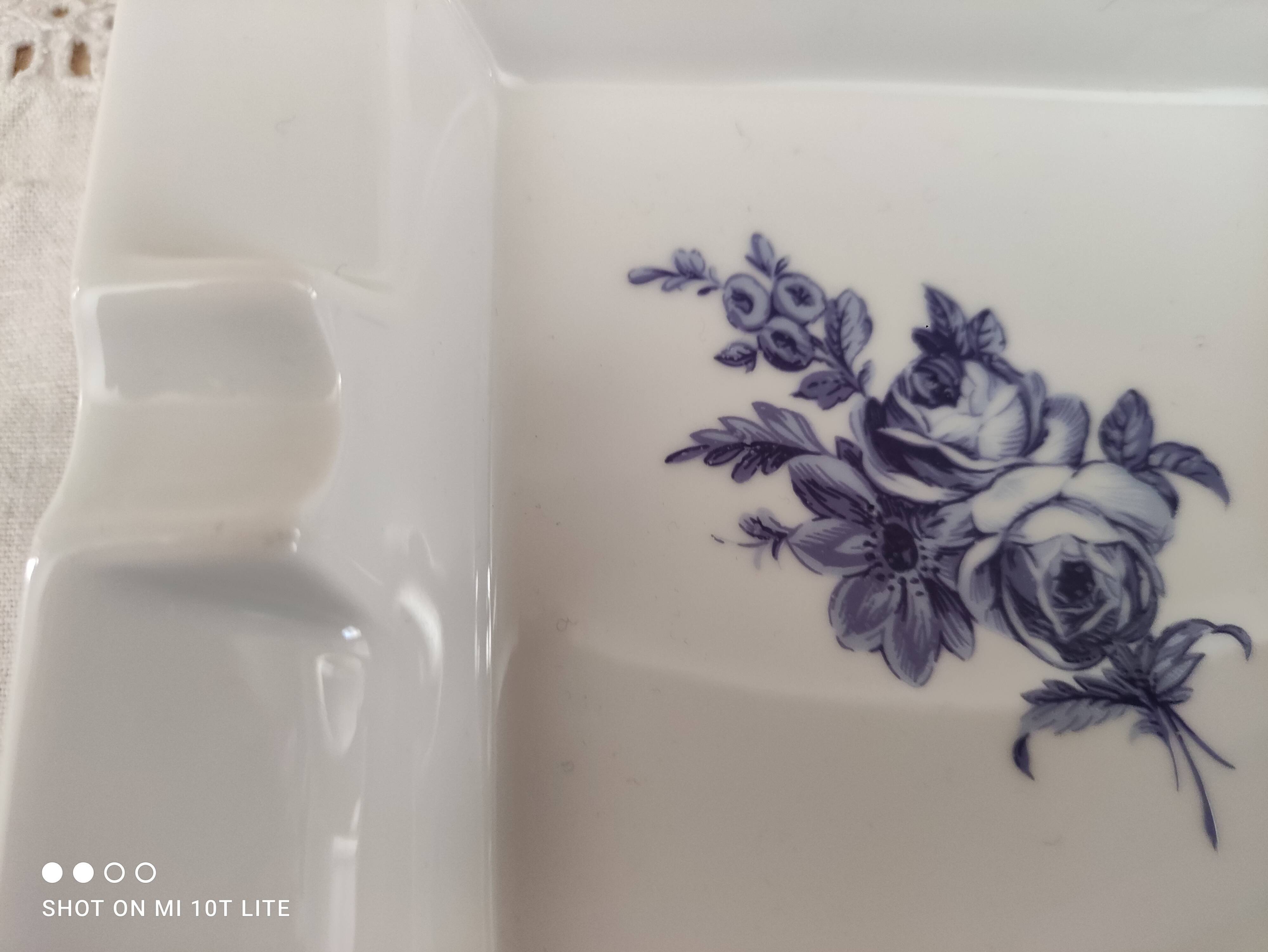 Square ashtray in Limoges porcelain decoration pink blue midnight