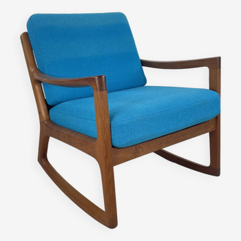 Ole Wanscher 1960s teak rocking chair made by France and Sons for CADO Denmark with blue upholstery