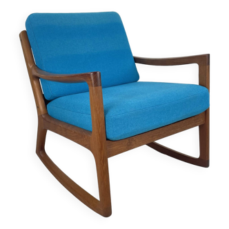 Ole Wanscher 1960s teak rocking chair made by France and Sons for CADO Denmark with blue upholstery