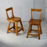 Pair of brutalist wooden back stools. France, circa 1960