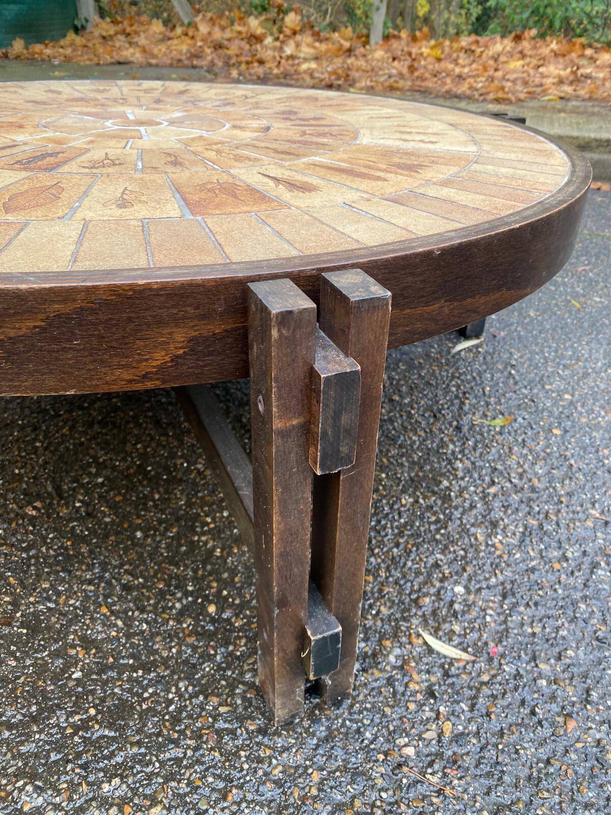 Vintage Roger Capron coffee table, ceramic and herbarium design, 105cm