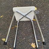 Vintage square stool in steel and white leather