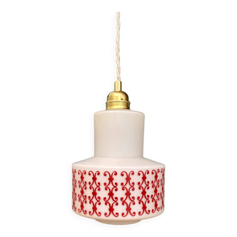 Vintage white opaline globe pendant light with red frieze