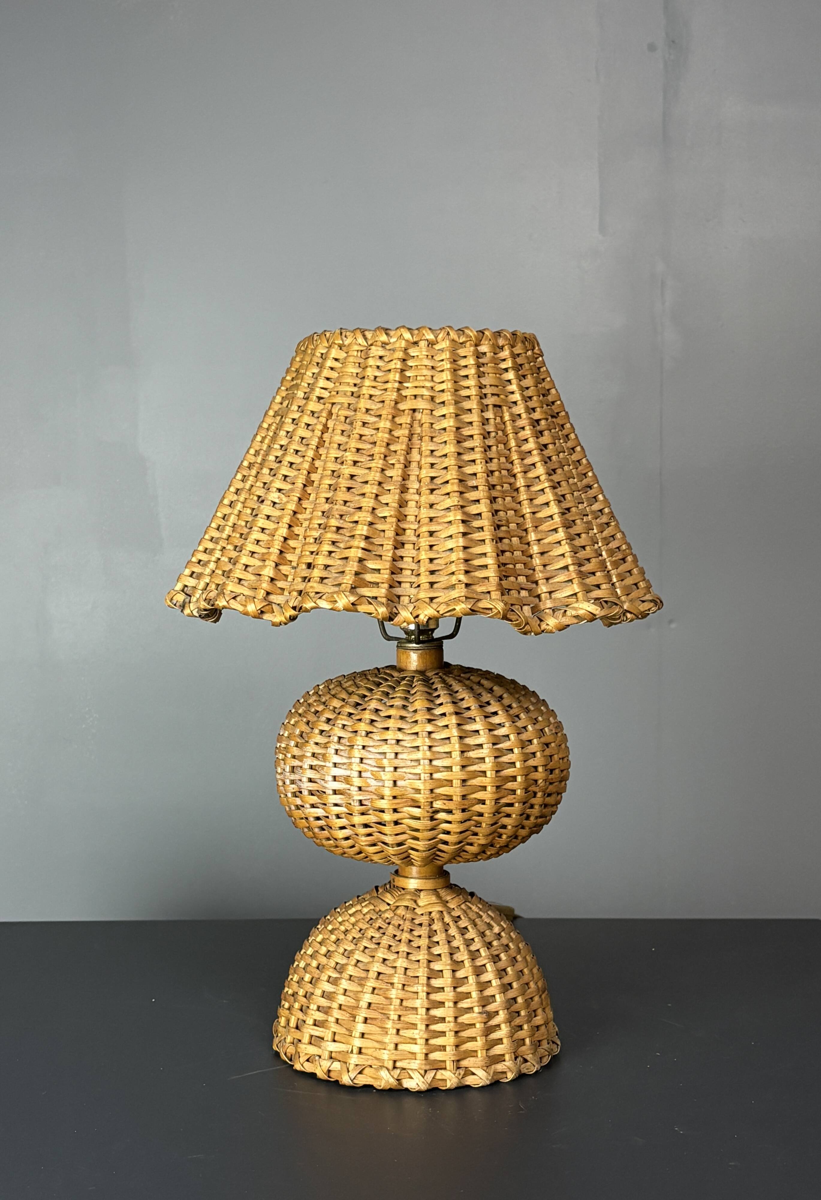 Midcentury rattan wicker mushroom table lamp, 1950s