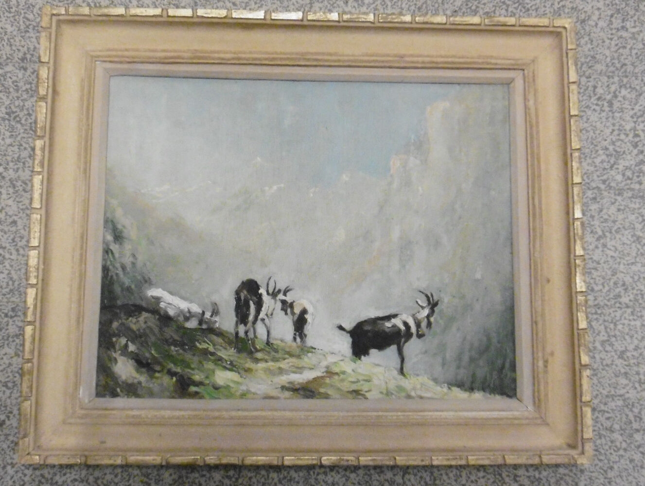 Oil painting signed mountain landscape herd of goats