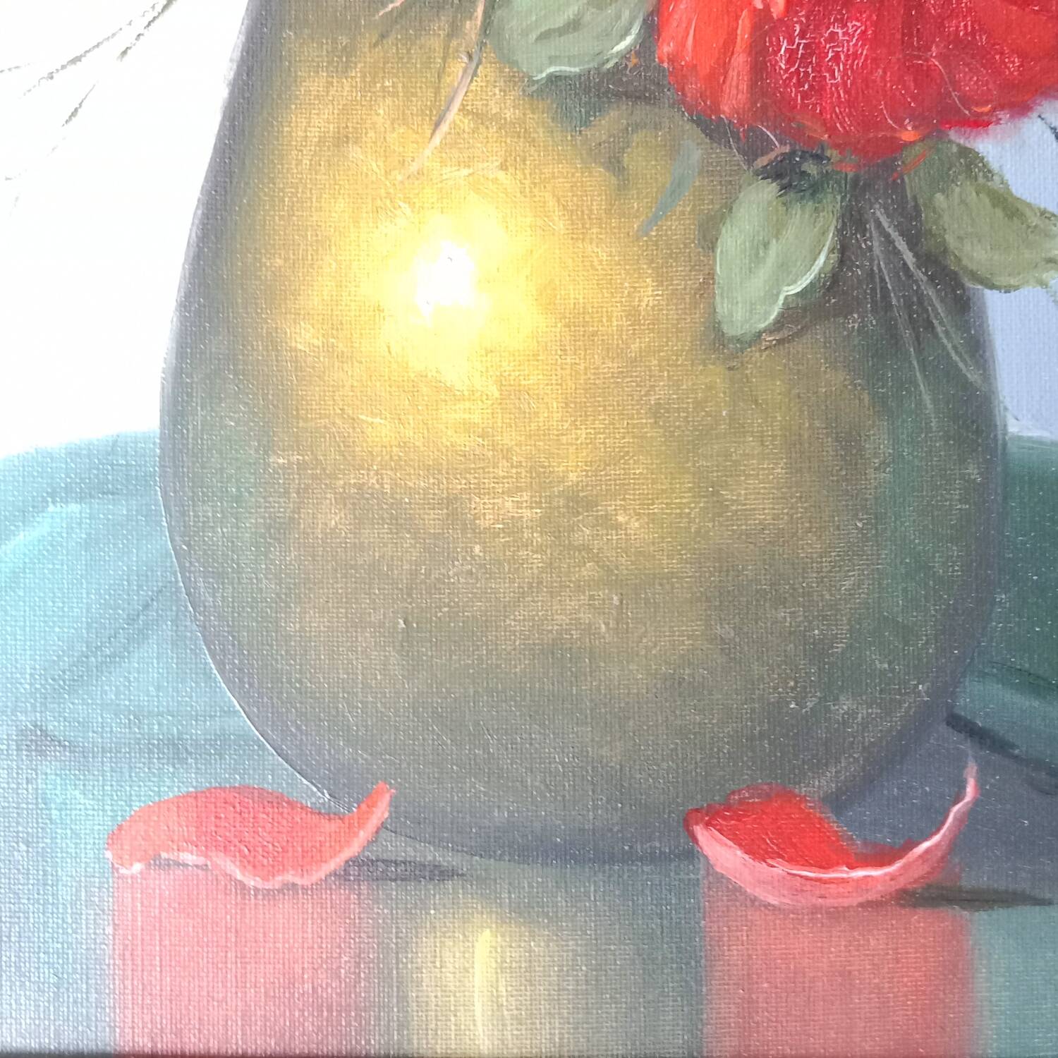 Bouquet of Red Flowers Still Life Canvas signed Golden Frame 54 x 62 cm