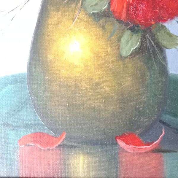 Bouquet de Fleurs Rouges Nature Morte Toile signée Cadre Doré 54 x 62 cm