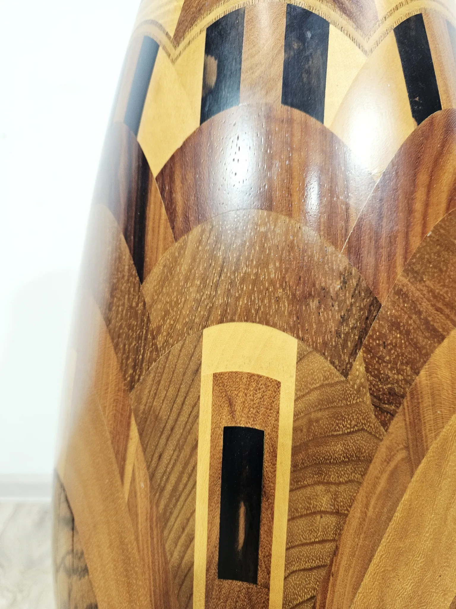 Monumental wooden floor vase / intarsia / wood mosaic / Africa / 1950s–1960