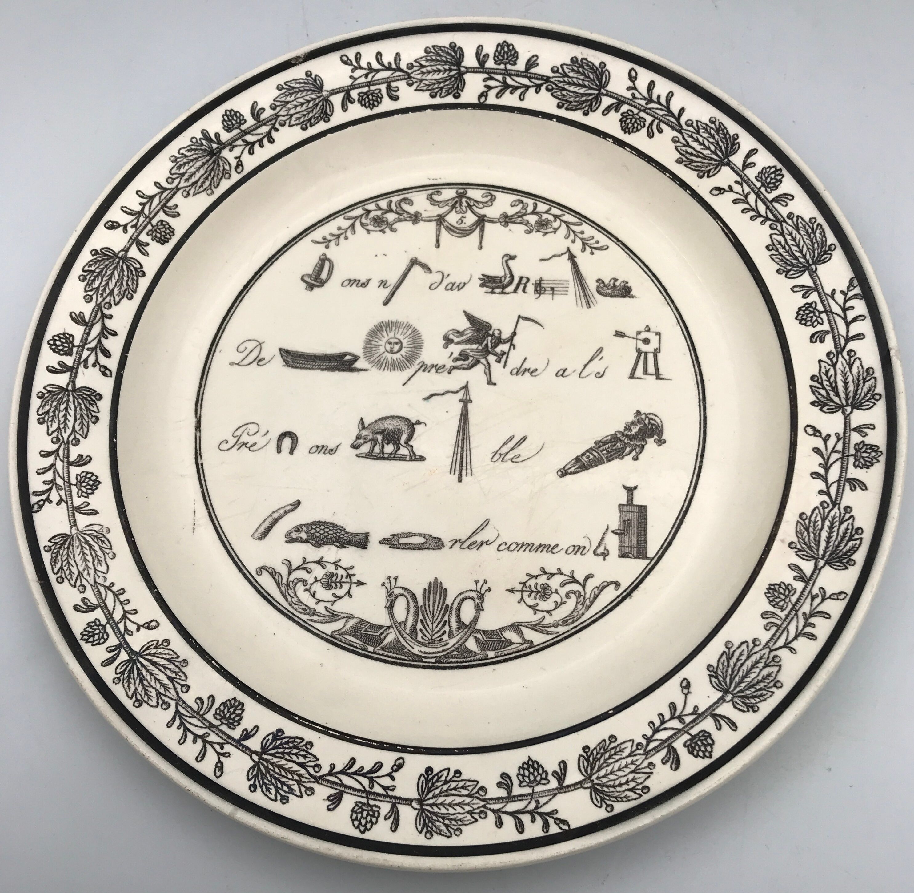 Lot of 6 plates in fine earthenware from choisy-le-roi, p&h, rebus décor; xixth