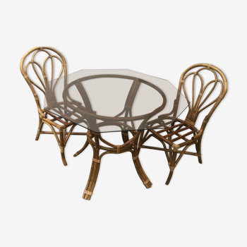 Table in rattan and smoked glass - 3 chairs