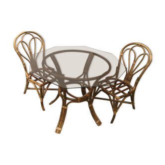 Table in rattan and smoked glass - 3 chairs