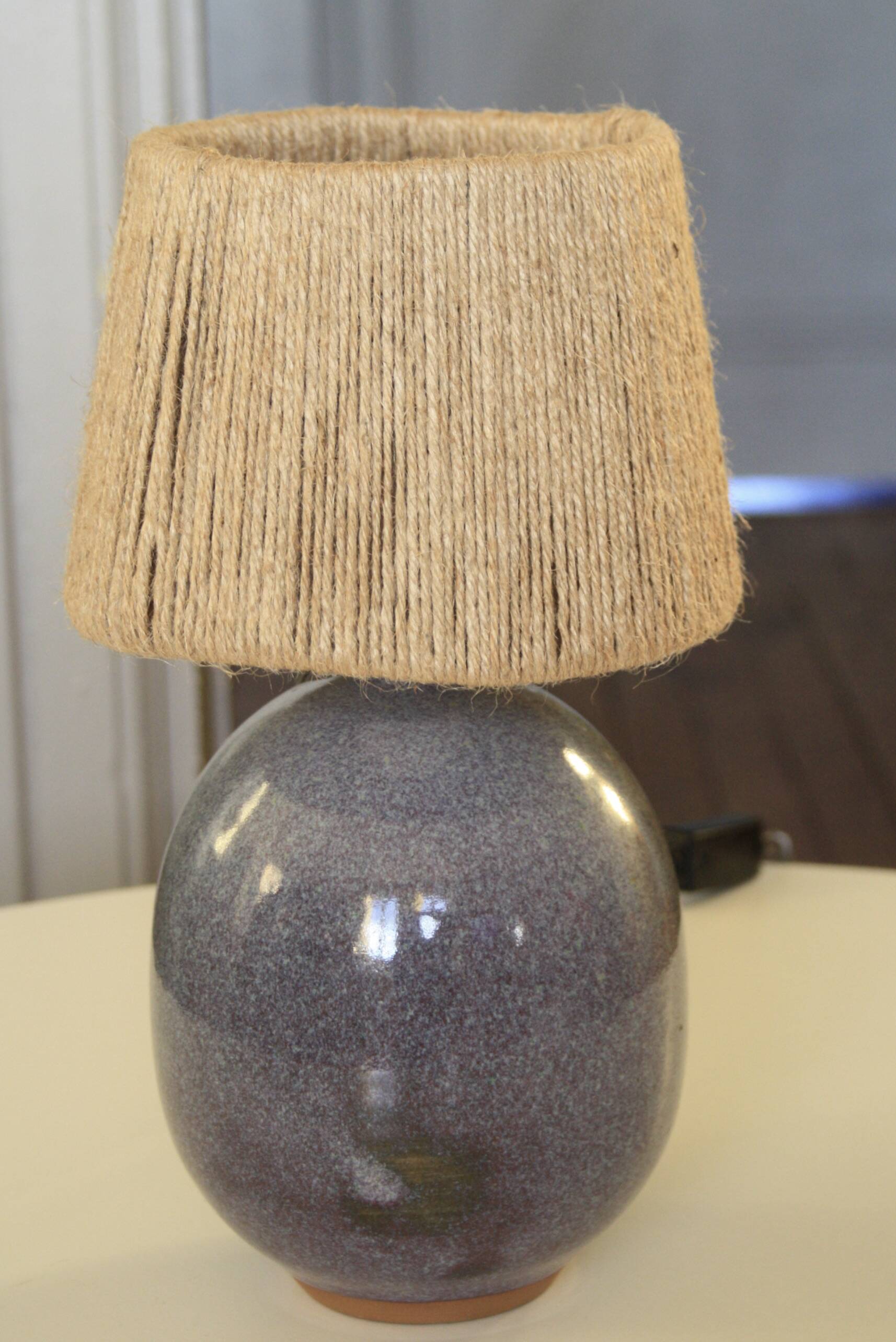 Signed ceramic lamp, rope lampshade