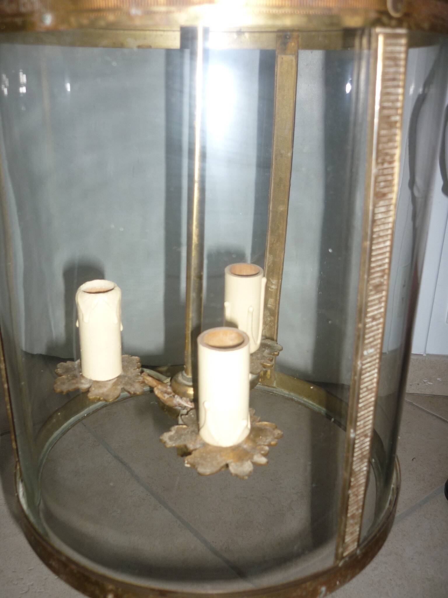 Antique glass and brass lantern pendant light, 3 lights