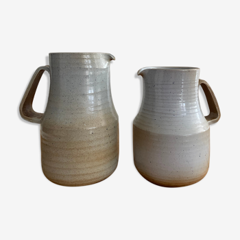 Pair vintage enamelled ceramic pitchers