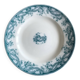 Plat à gâteau ancien sur piédouche en faïence de Sarreguemines